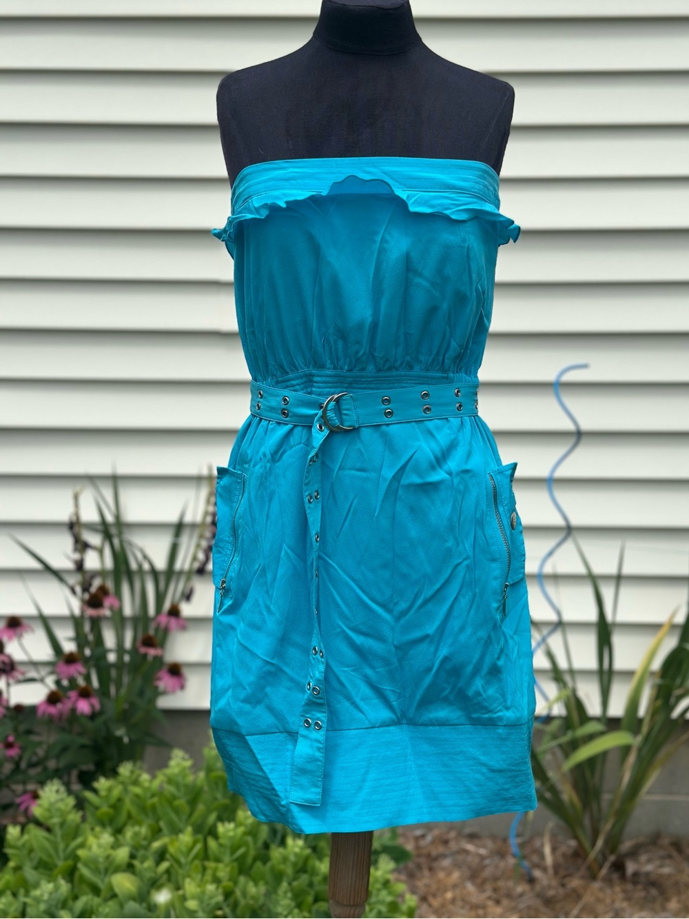 bebe silk Turquoise Strapless Dress with Grommet Belt